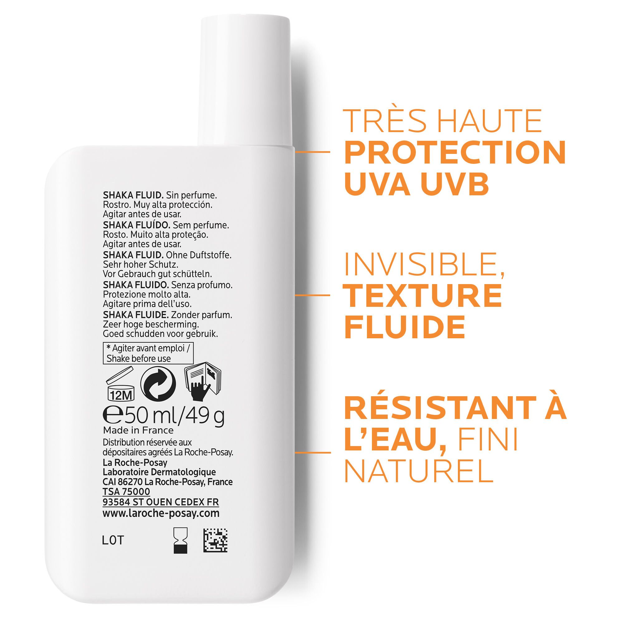 Rückseite der Sonnencreme-Flüssigkeit. Text: Shaka Fluid, 12M, e50ml/49g. Hergestellt in Frankreich.