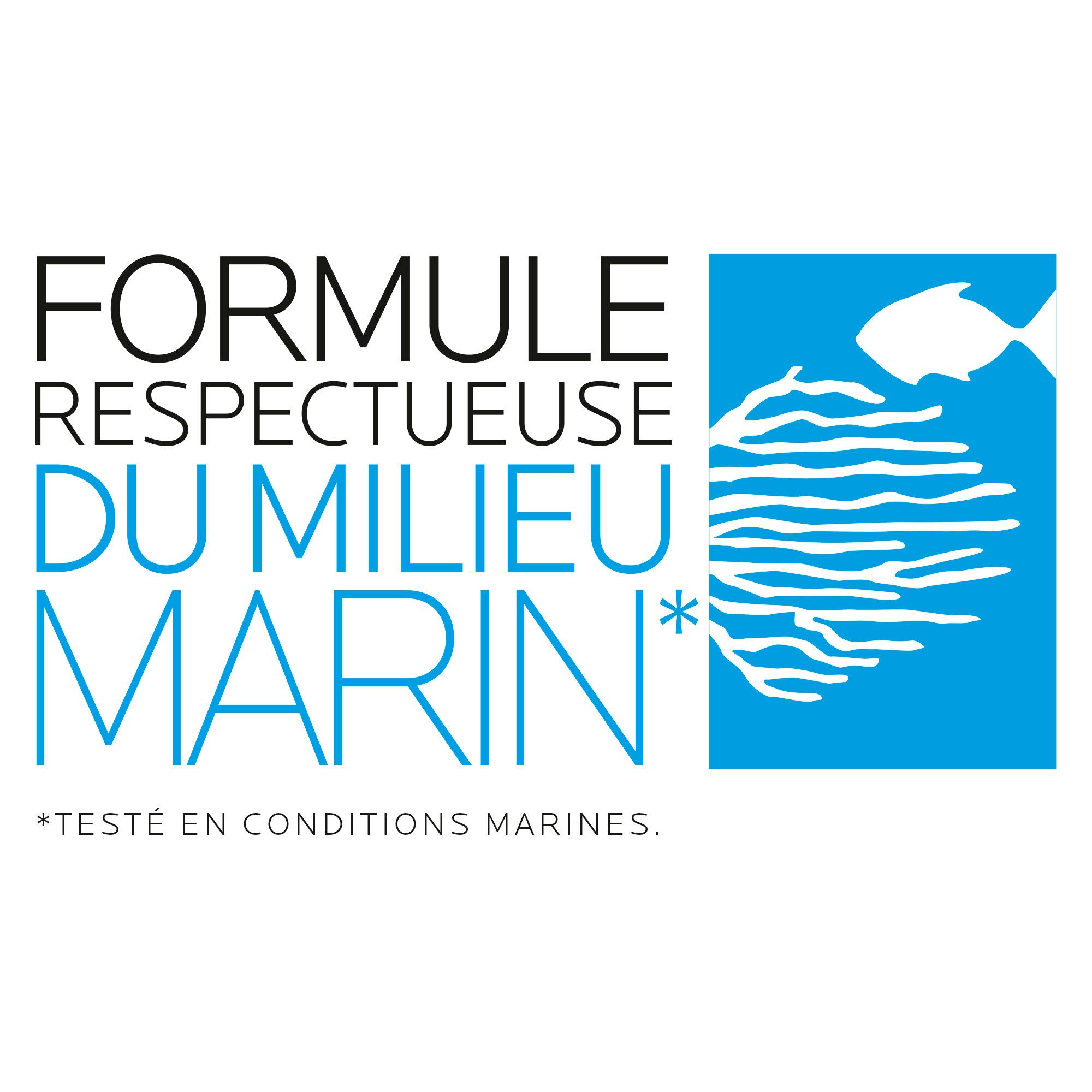 Logo: Formule respectueuse du milieu marin. Blaues Logo mit Fisch und Koralle.