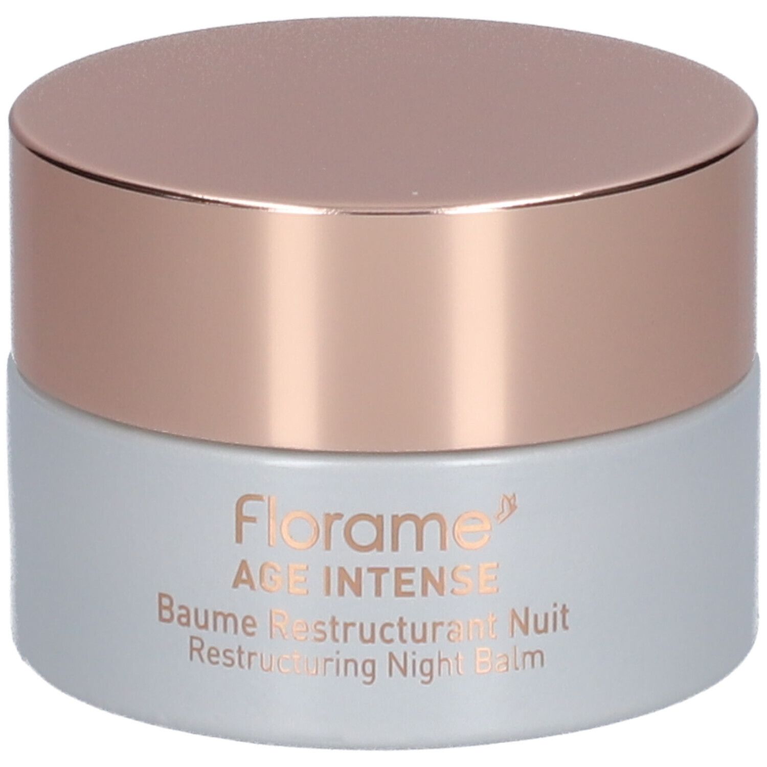 Pot de crème avec couvercle doré. Inscription: Florame AGE INTENSE Baume Restructurant Nuit Restructuring Night Balm.