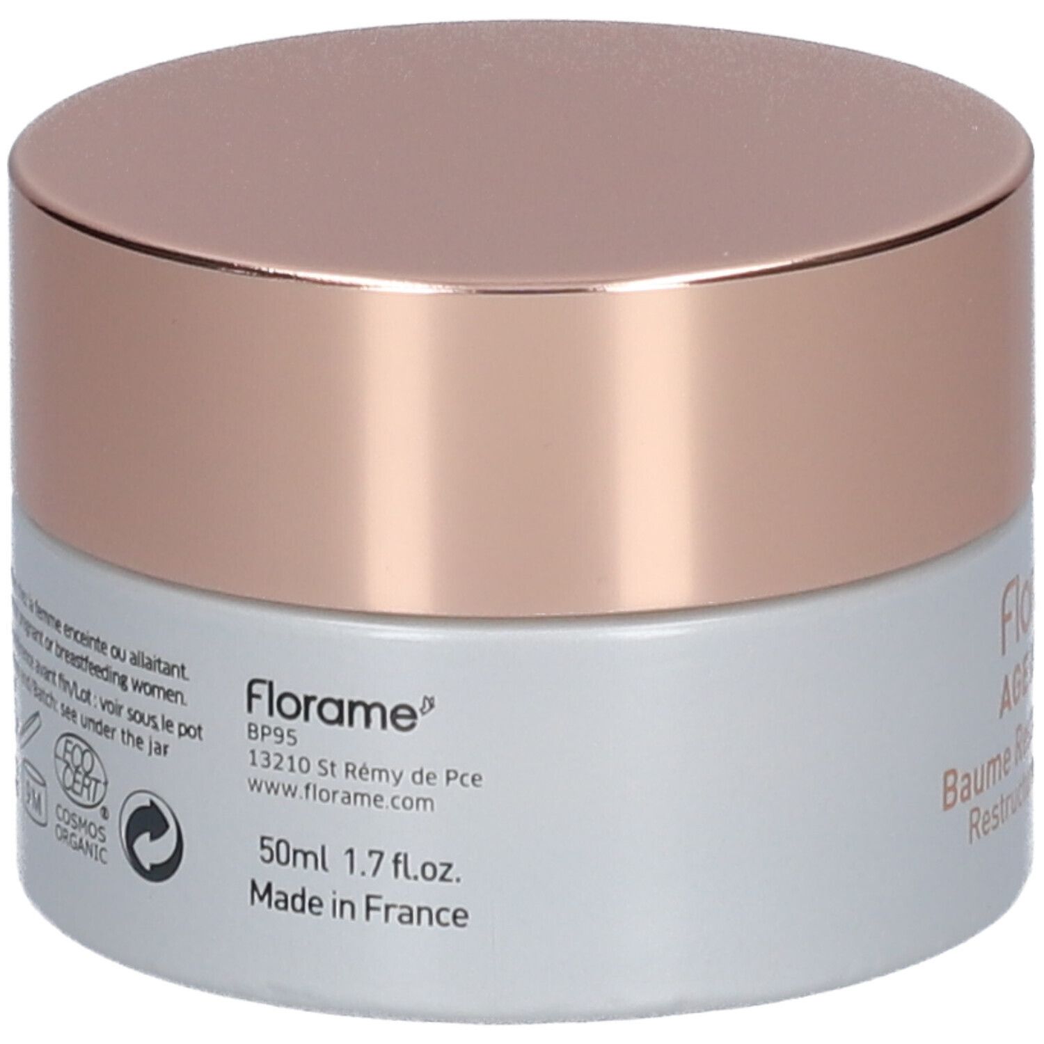Pot de crème, dos. Inscription: Florame, 50ml, 1.7 fl.oz., Made in France. Logos: Cosmos Organic, Ecocert.