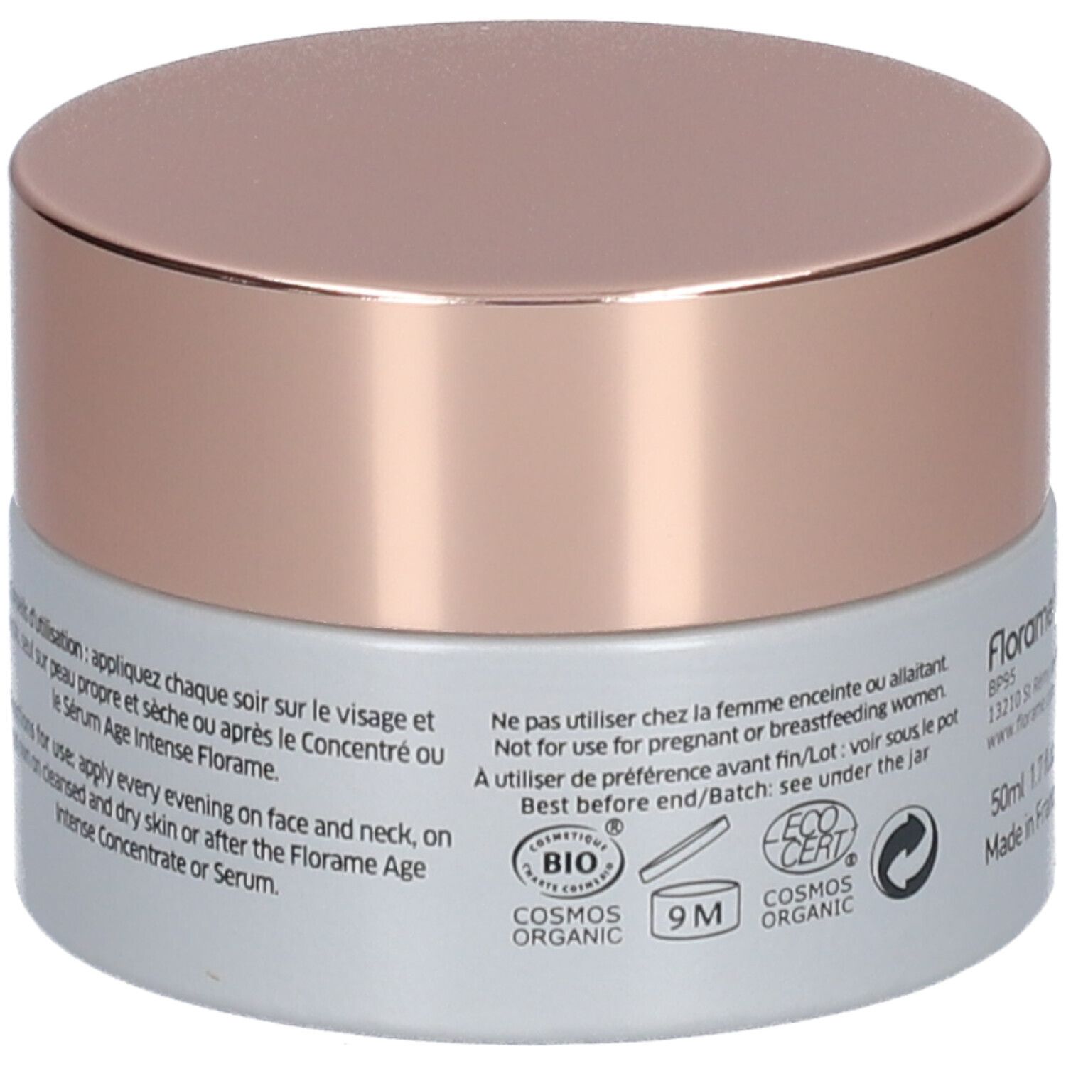 Pot de crème, dos. Inscription: Conseils d'utilisation, Logos: Cosmos Organic, Ecocert, Bio.