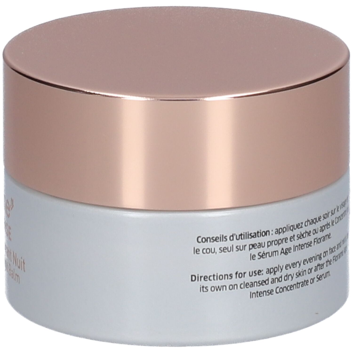 Pot de crème avec couvercle doré. Inscription: Florame AGE INTENSE Baume Restructurant Nuit Restructuring Night Balm.
