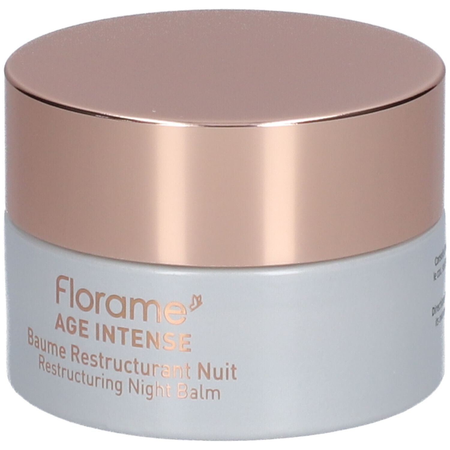 Pot de crème avec couvercle doré. Inscription: Florame AGE INTENSE Baume Restructurant Nuit Restructuring Night Balm.