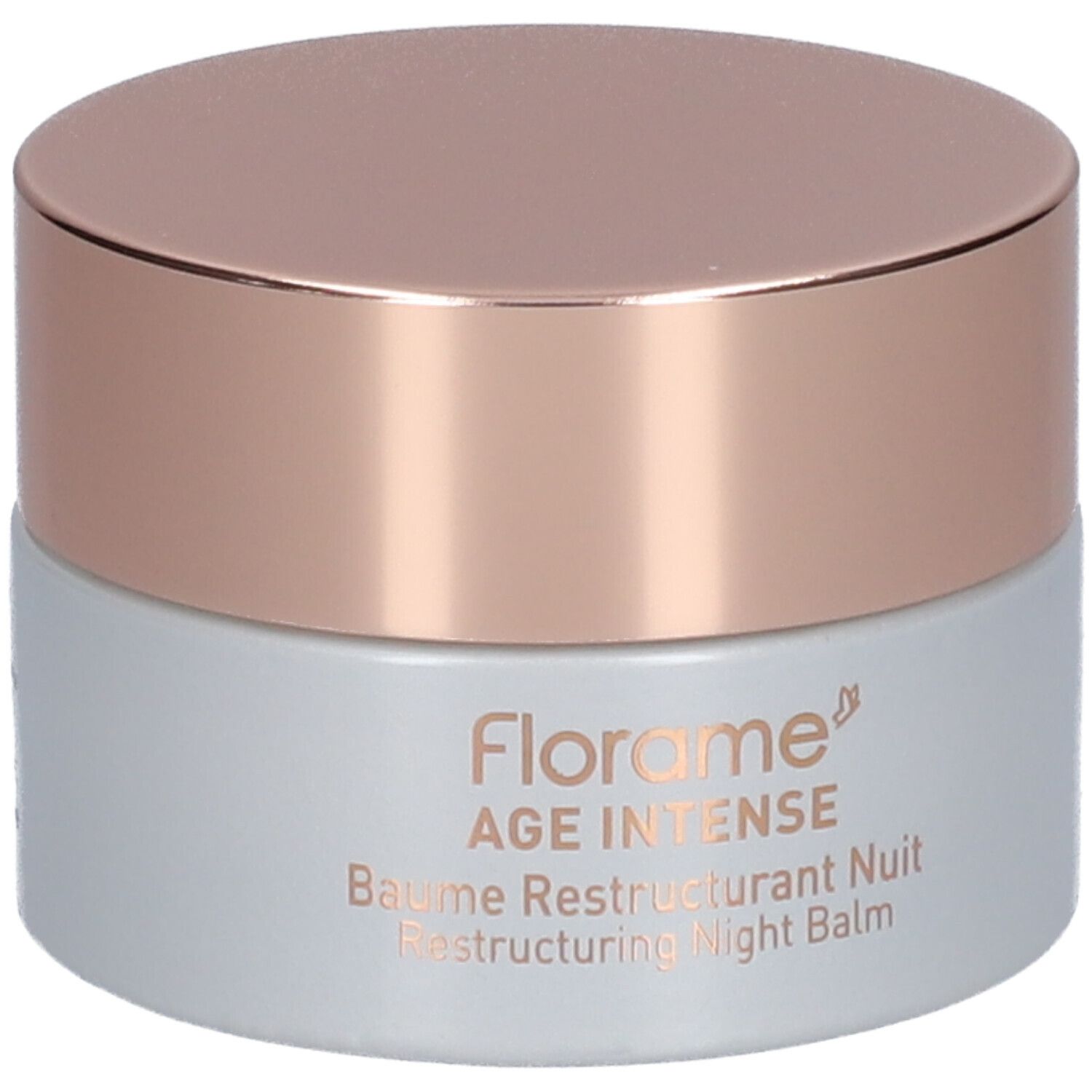 Pot de crème avec couvercle doré. Inscription: Florame AGE INTENSE Baume Restructurant Nuit Restructuring Night Balm.