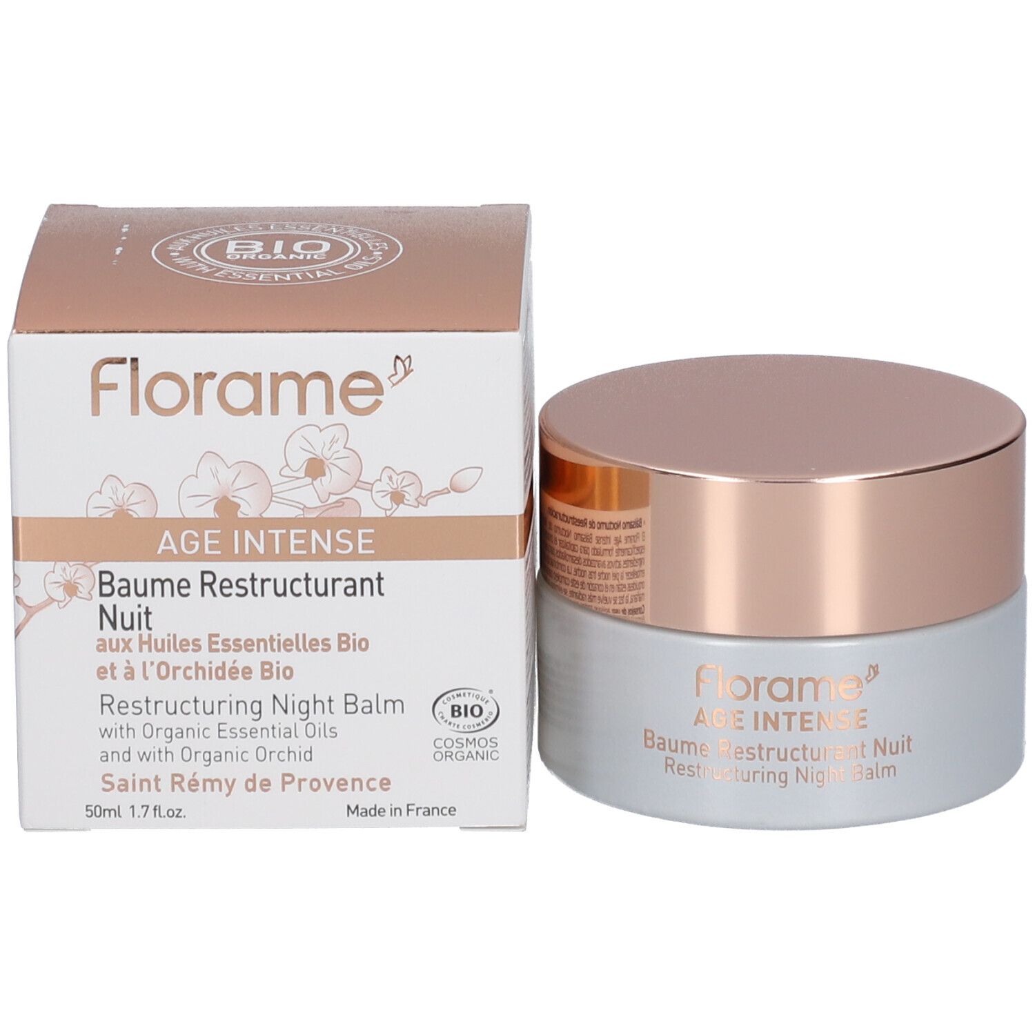 Pot de crème et boîte. Inscription: Florame AGE INTENSE Baume Restructurant Nuit Restructuring Night Balm. Logos: Bio, Cosmos Organic.