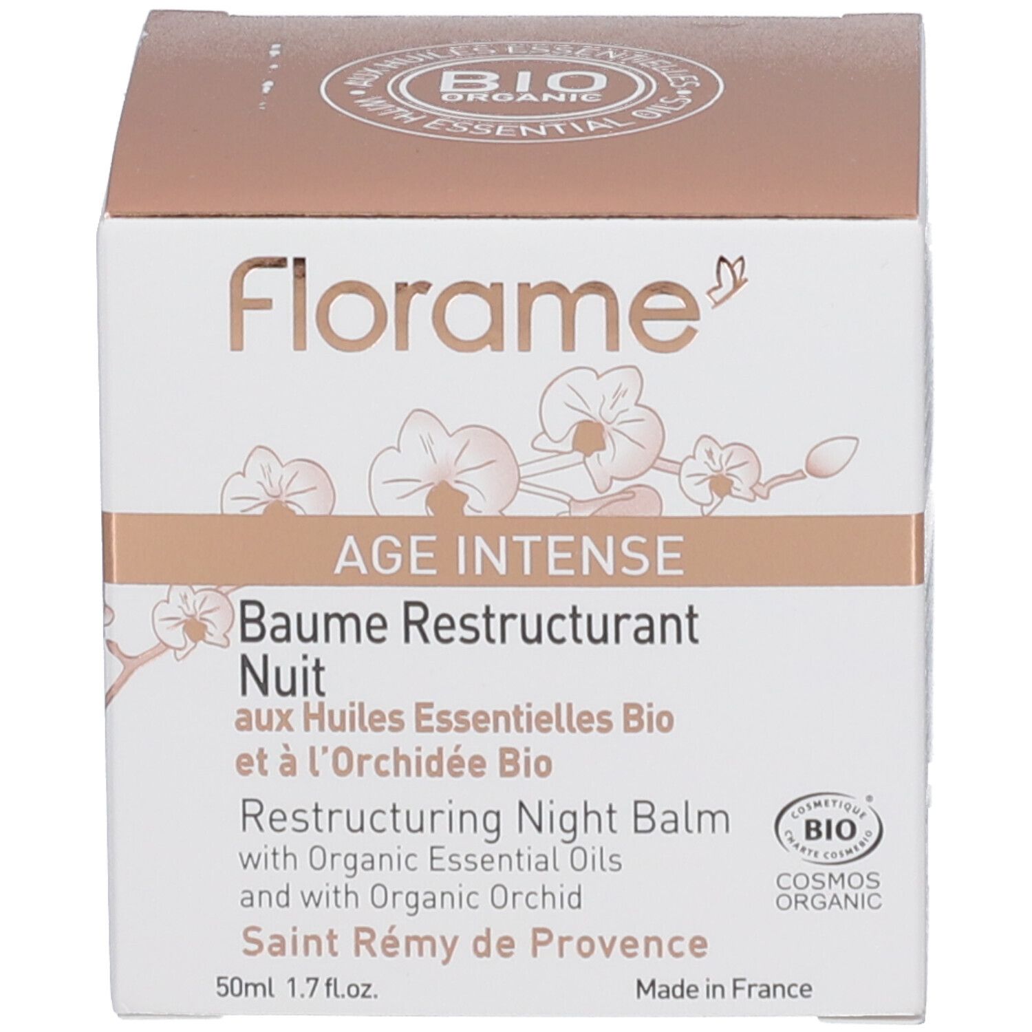 Boîte. Inscription: Florame AGE INTENSE Baume Restructurant Nuit Restructuring Night Balm. Logos: Bio, Cosmos Organic.