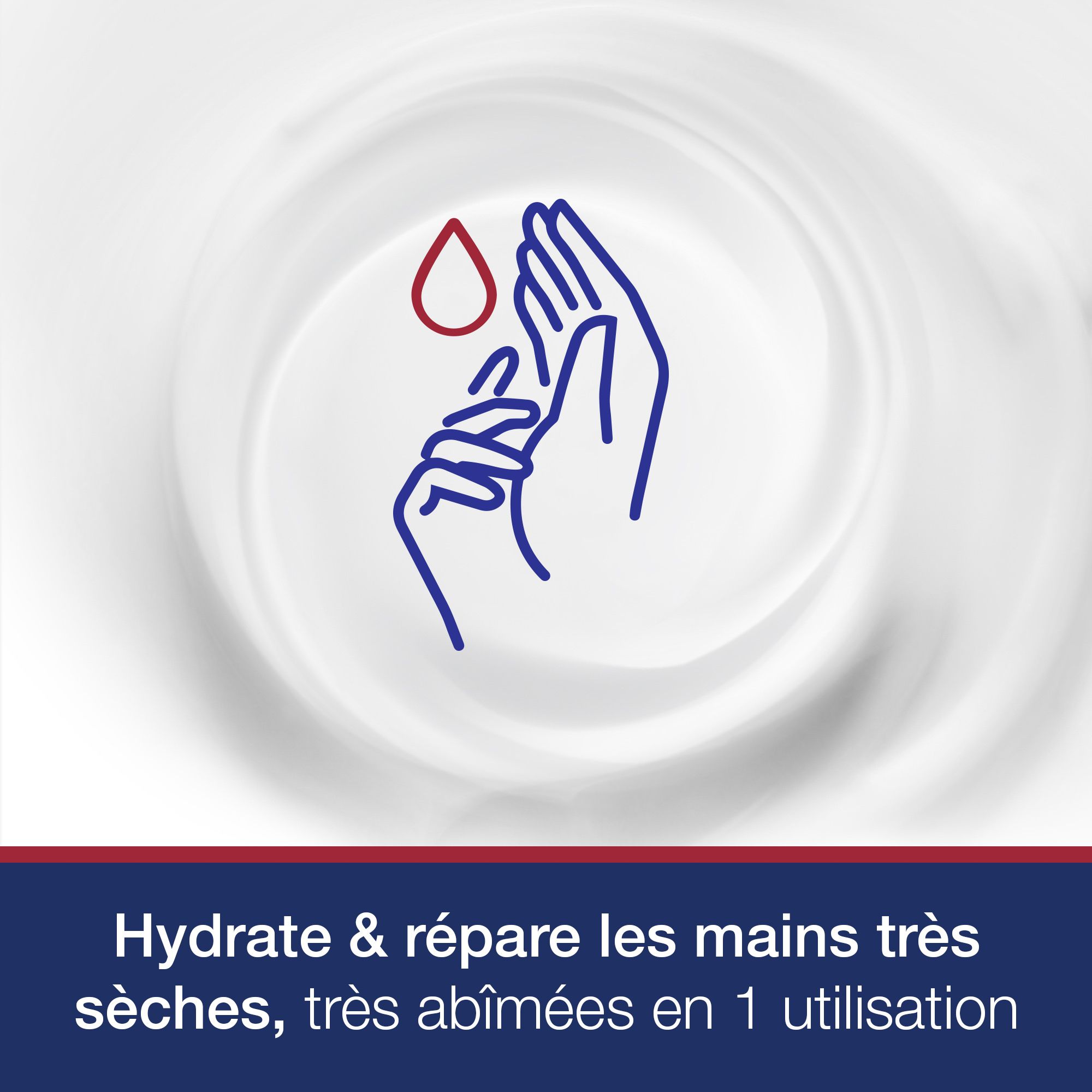 Blaues Hand-Symbol mit Tropfen. Text: Hydratisiert und repariert sehr trockene, geschädigte Hände in einer Anwendung.