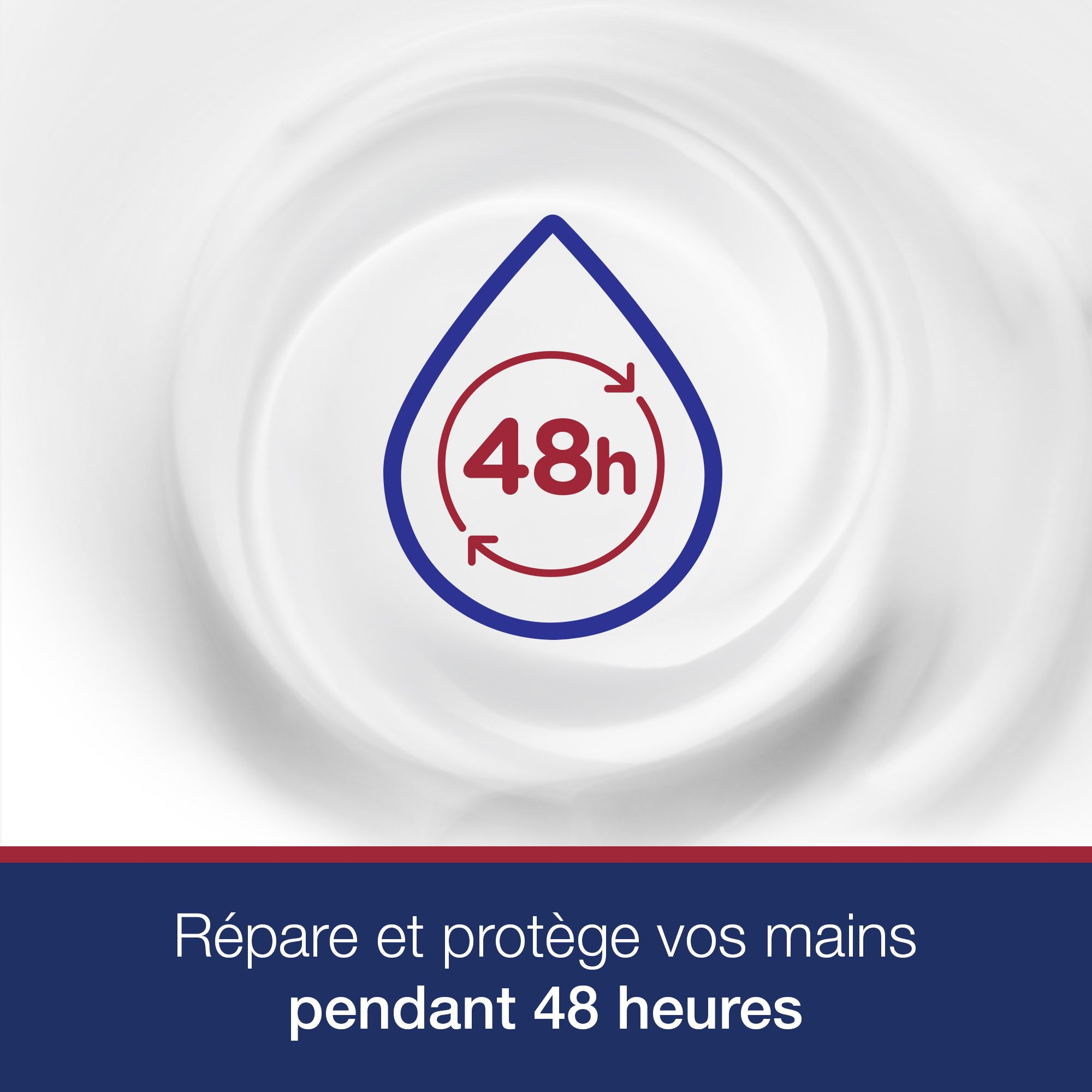 Blaues Tropfen-Symbol mit 48h-Symbol. Text: Repariert und schützt Ihre Hände 48 Stunden lang.