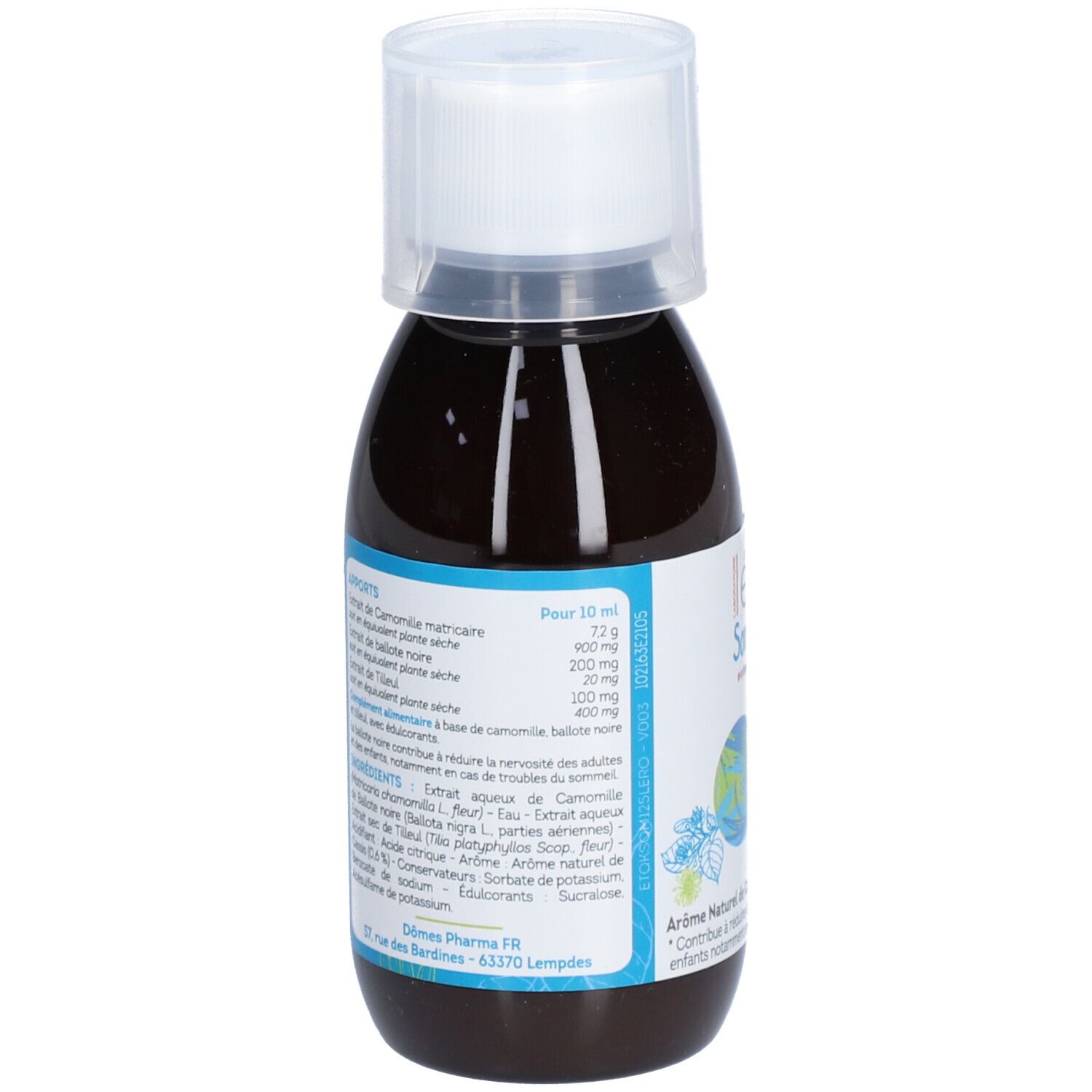 Braune Flasche mit weißem Deckel. Aufkleber mit Inhaltsstoffen und Nährwertangaben. Produktname léro Sommeil.
