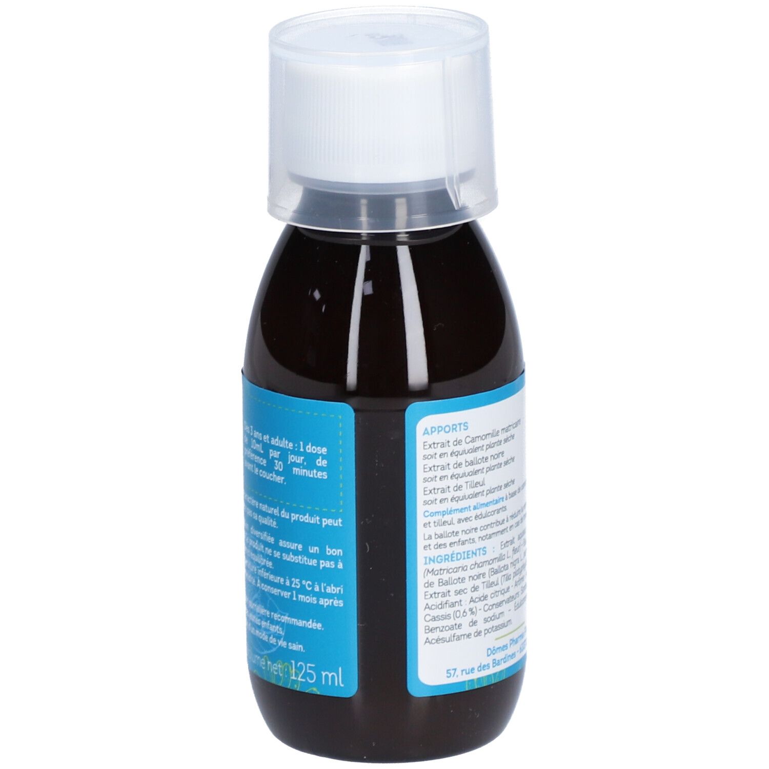Braune Flasche mit weißem Deckel. Aufkleber mit Dosierungshinweisen und Inhaltsangaben. Produktname léro Sommeil.