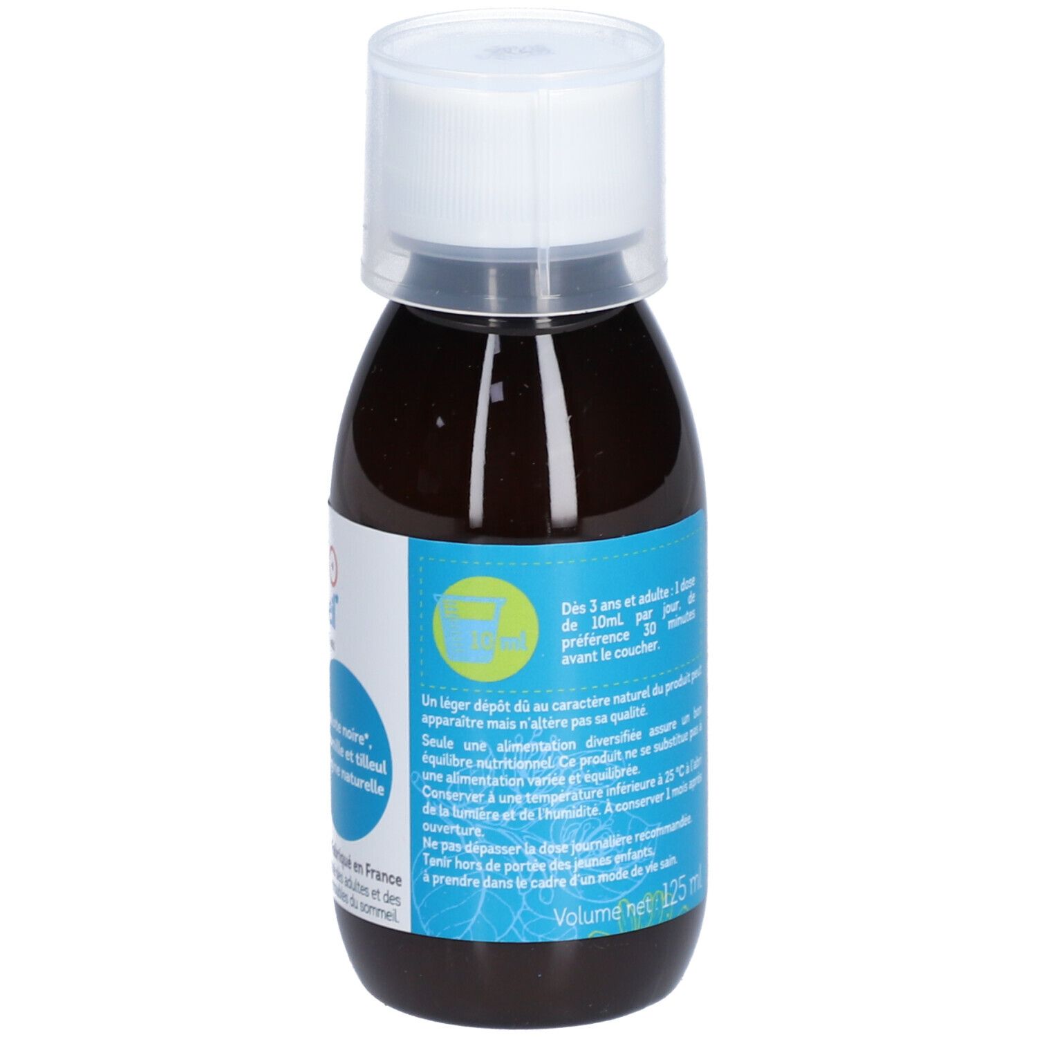 Braune Flasche mit weißem Deckel. Aufkleber mit Anwendungshinweisen und Inhaltsangaben. Produktname léro Sommeil.