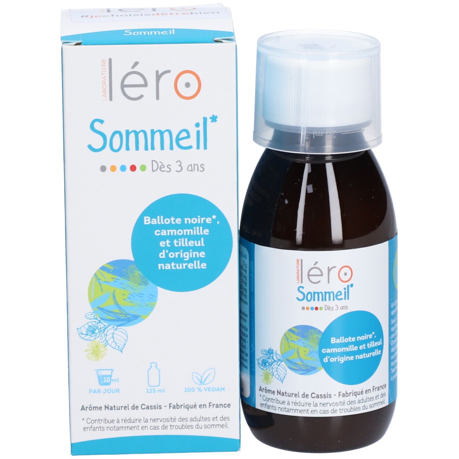 Braune Flasche und Schachtel. Auf der Flasche und Schachtel steht léro Sommeil. Auf der Schachtel sind weitere Informationen.