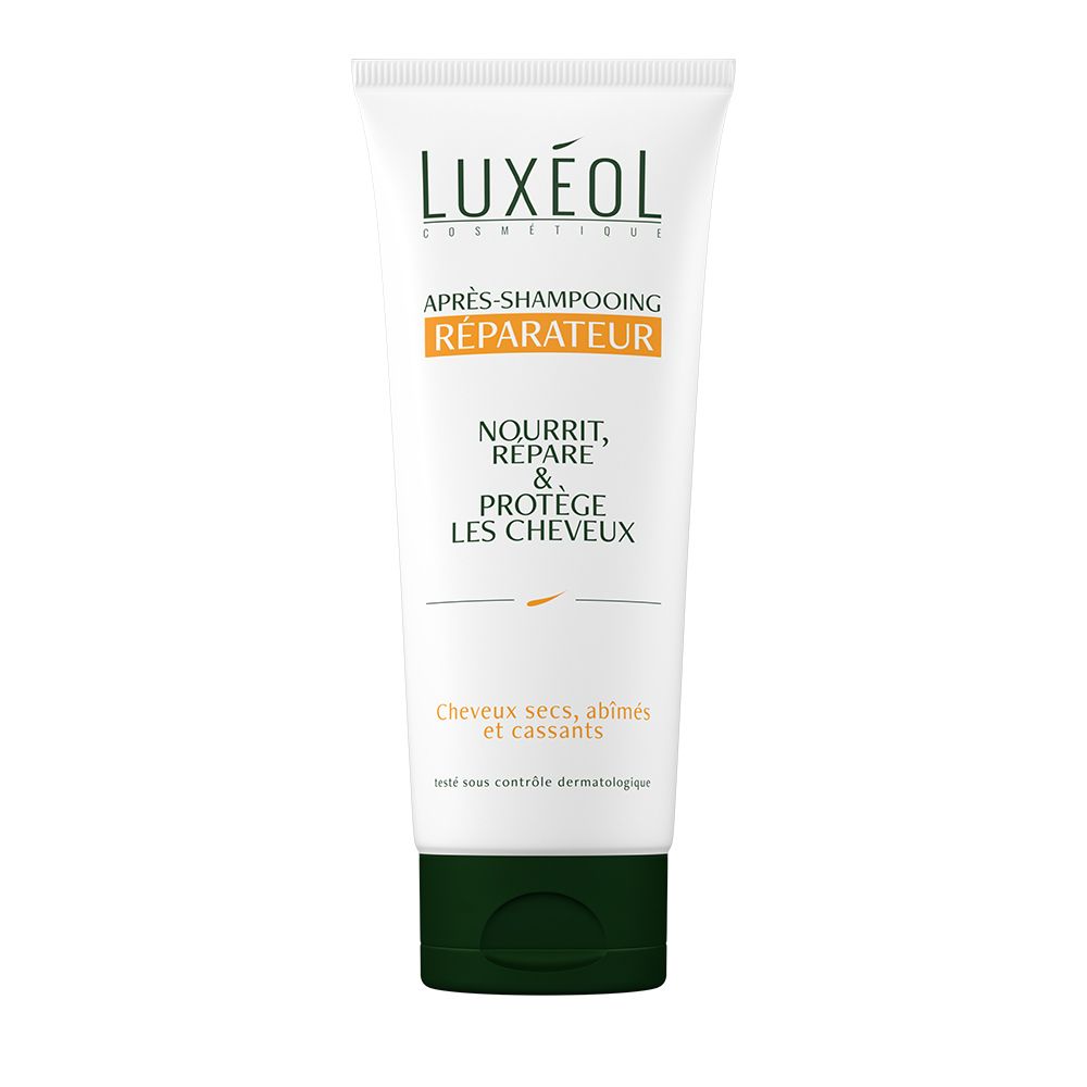 Weiße Tube mit grünem Deckel. Text: LUXÉOL, Après-shampooing Réparateur, Nourrit, Répare & Protège les Cheveux. Für trockenes, strapaziertes Haar.