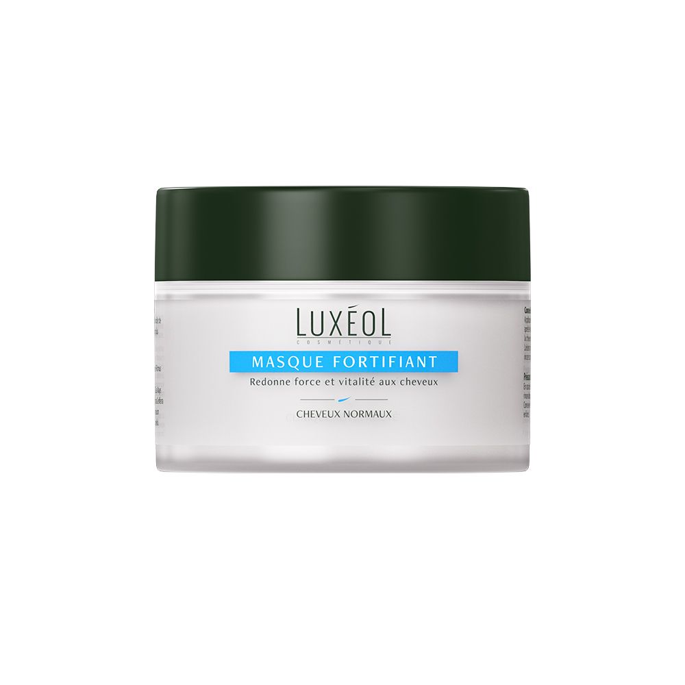 LUXÉOL Haarmaske, weißes Glas mit grünem Deckel. Aufschrift: Masque Fortifiant, für normales Haar.