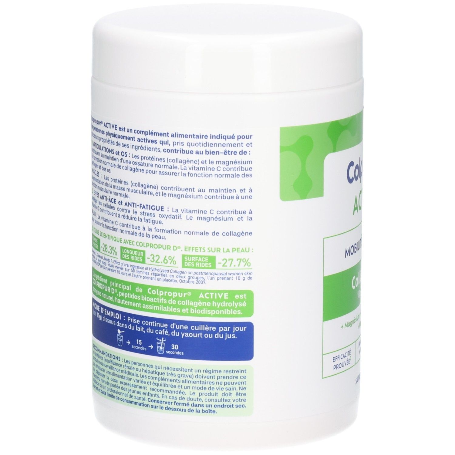 Rückseite der Colpropur Active Kollagenpulver-Dose mit Nährwertangaben und Inhaltsstoffen.