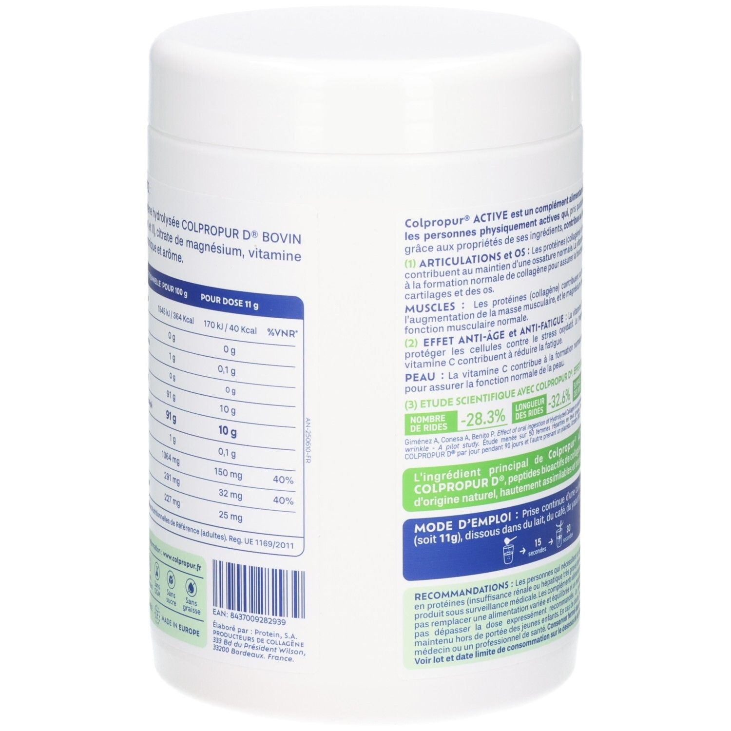 Seitenansicht der Colpropur Active Kollagenpulver-Dose mit detaillierten Nährwertangaben.