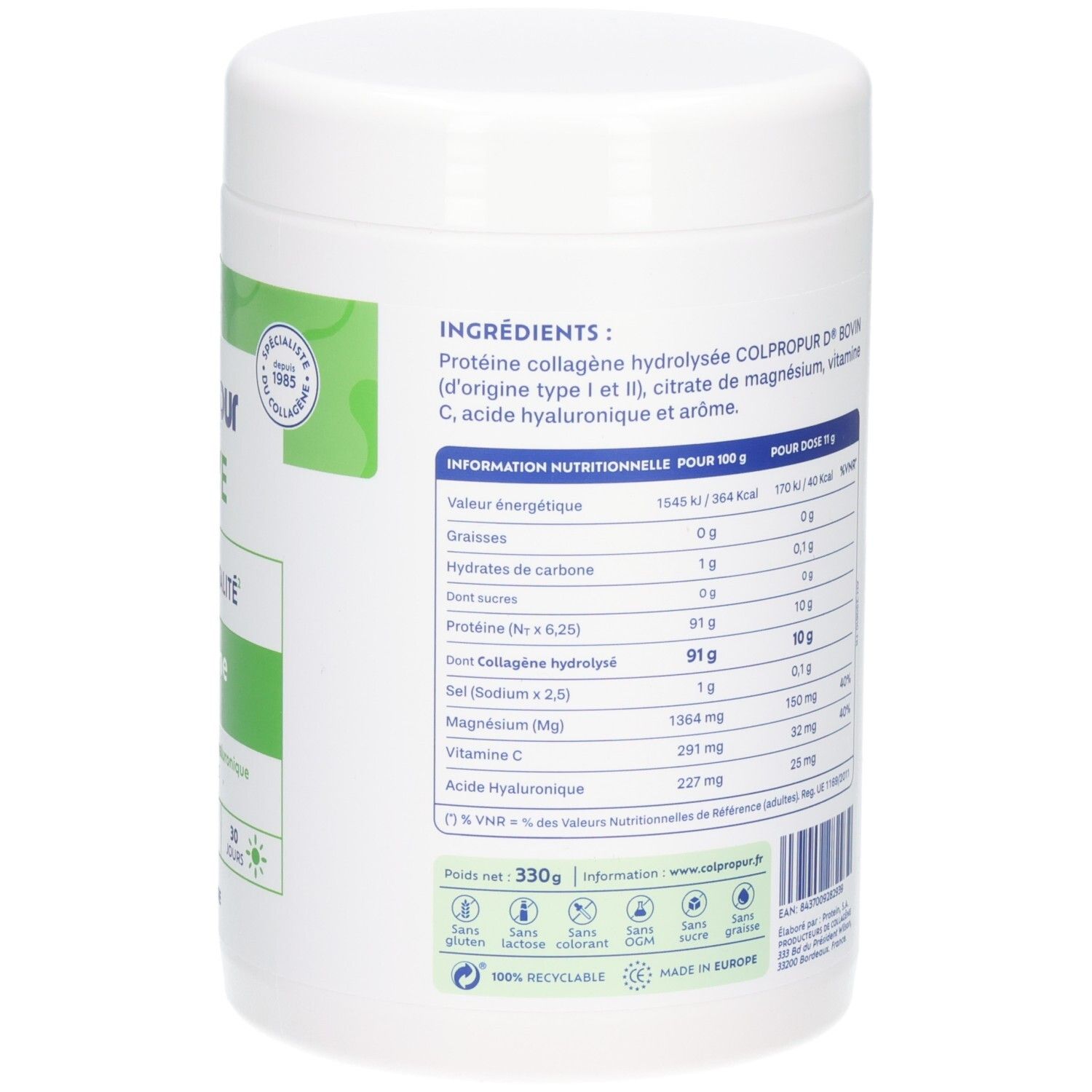 Rückseite der Colpropur Active Kollagenpulver-Dose mit Inhaltsstoffliste und Nährwerttabelle.