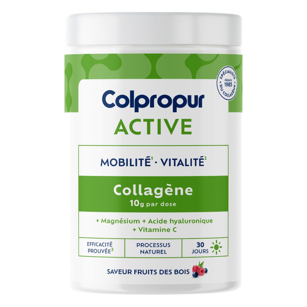 Colpropur Active Collagène en poudre saveur fruits des bois. Boîte de 30 portions.