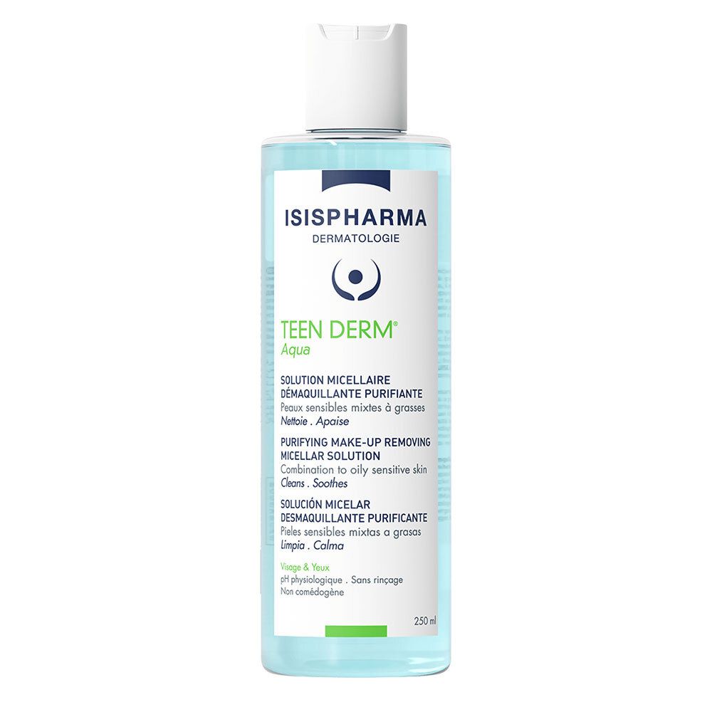 Solution Teen Derm Aqua d'ISISPHARMA. Flacon bleu, bouchon blanc, étiquette avec informations produit. Solution micellaire.