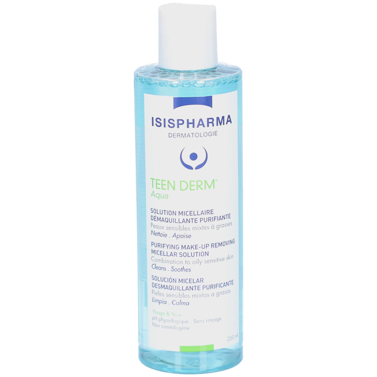 Solution Teen Derm Aqua d'ISISPHARMA. Flacon bleu, bouchon blanc, étiquette avec informations produit. Solution micellaire.