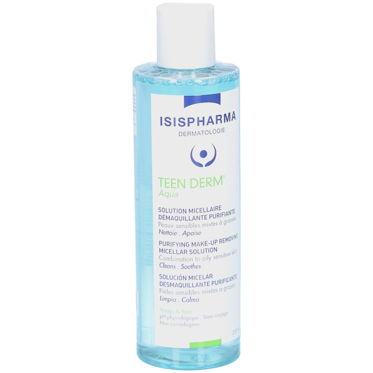 Solution Teen Derm Aqua d'ISISPHARMA. Flacon bleu, bouchon blanc, étiquette avec informations produit. Solution micellaire.