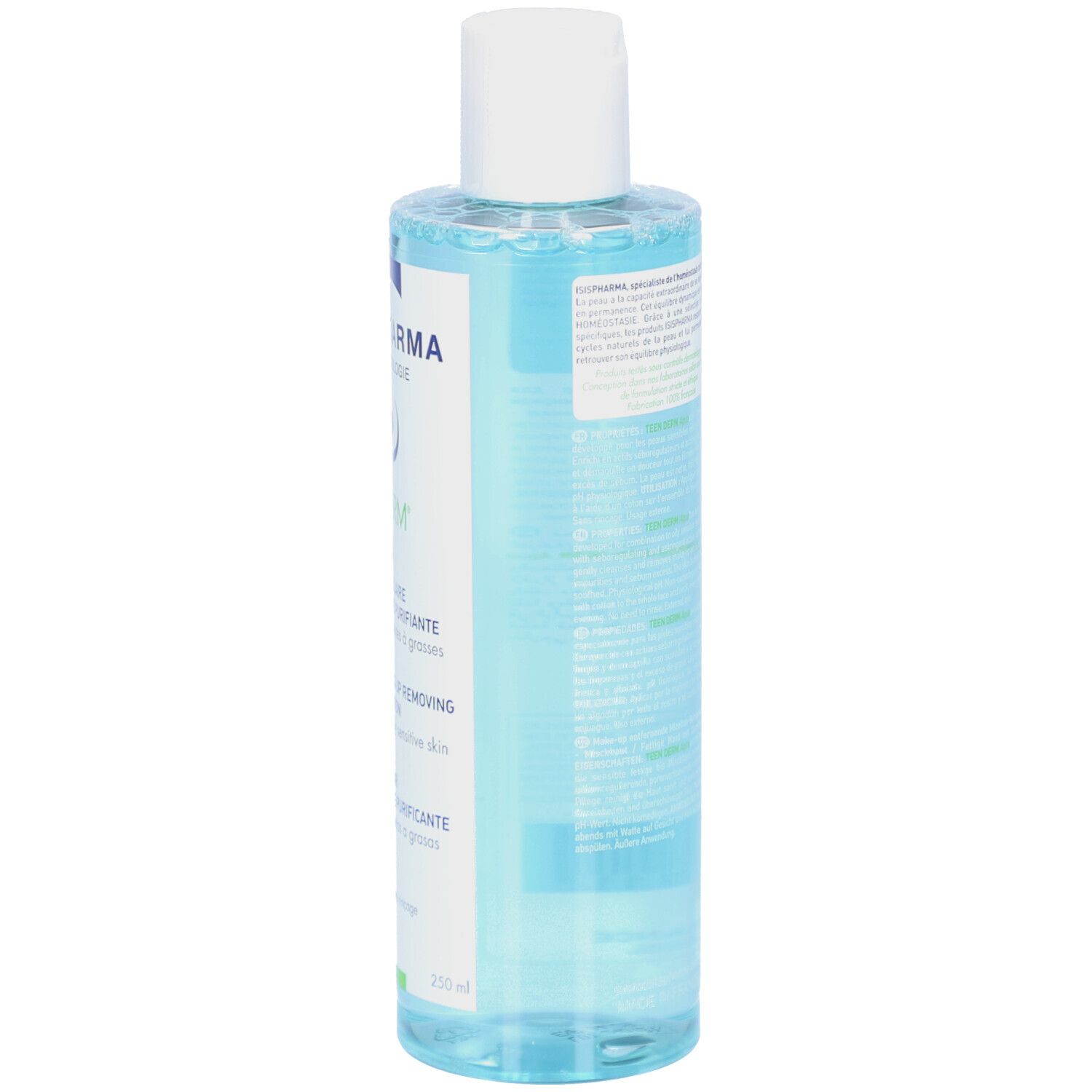 Vue arrière de la solution Teen Derm Aqua. Flacon bleu, bouchon blanc, étiquette avec informations produit. Solution micellaire.