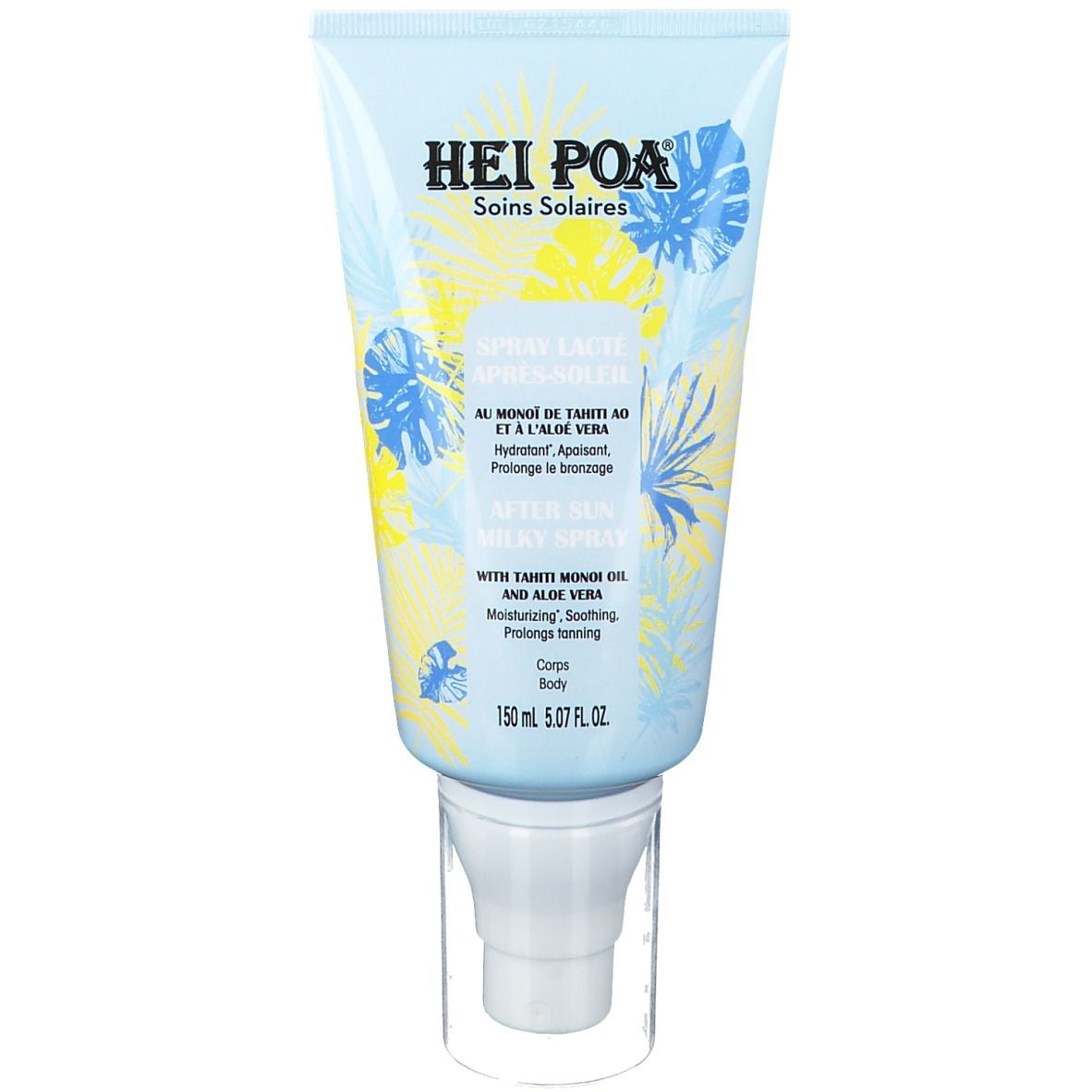 Tube bleu clair avec nom du produit et motif floral. Tête de pulvérisation avec bouchon transparent. Texte: After Sun Milky Spray.
