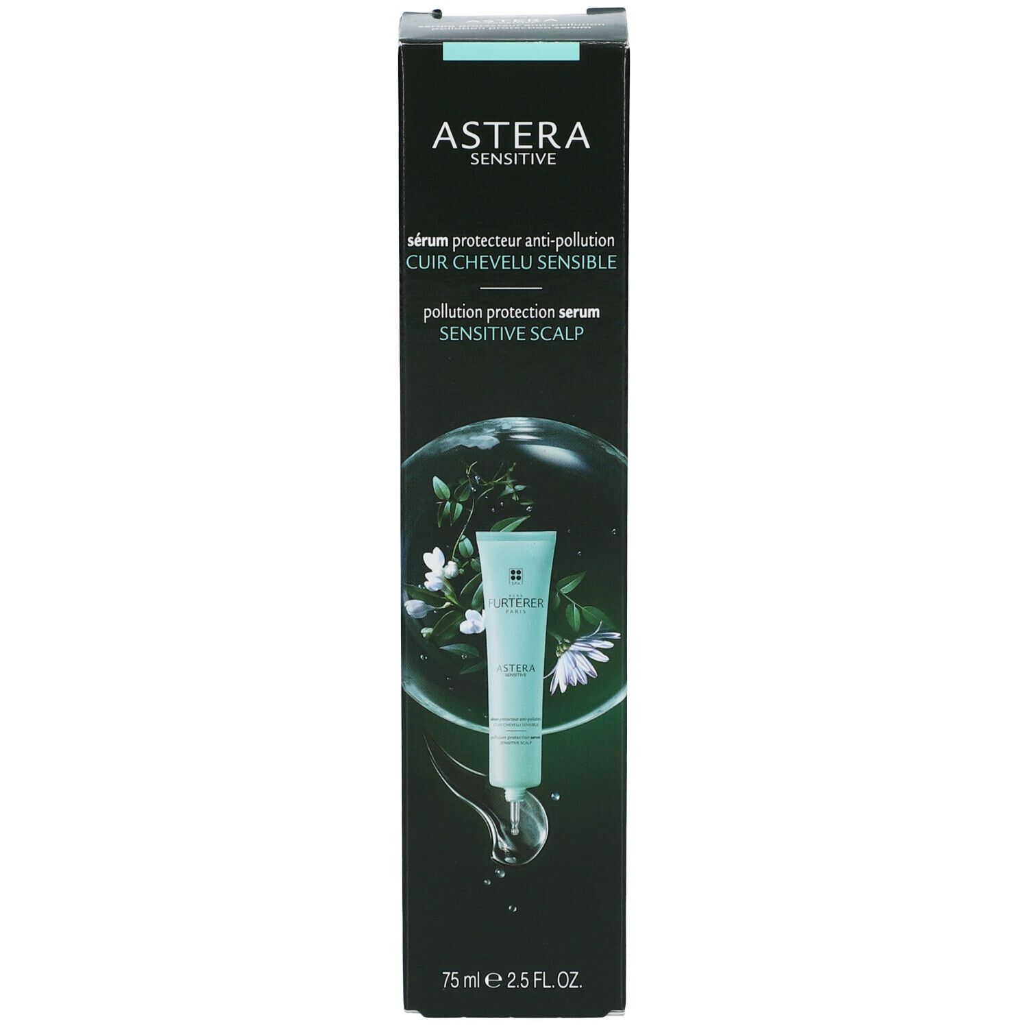 Schwarze Verpackung mit Produktabbildung. ASTERA SENSITIVE. sérum protecteur anti-pollution cuir chevelu sensible.
