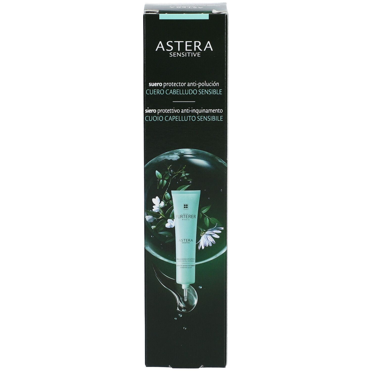 Schwarze Verpackung mit Produktabbildung. ASTERA SENSITIVE. Suero protector anti-polución cuero cabelludo sensible.
