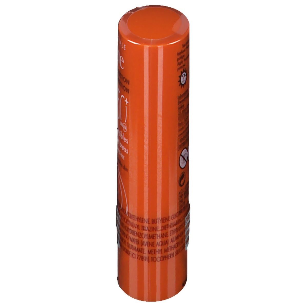 Zylindrischer, orangefarbener Sonnenstick. Aufschrift: Avène, SPF 50+, Inhaltsstoffe.