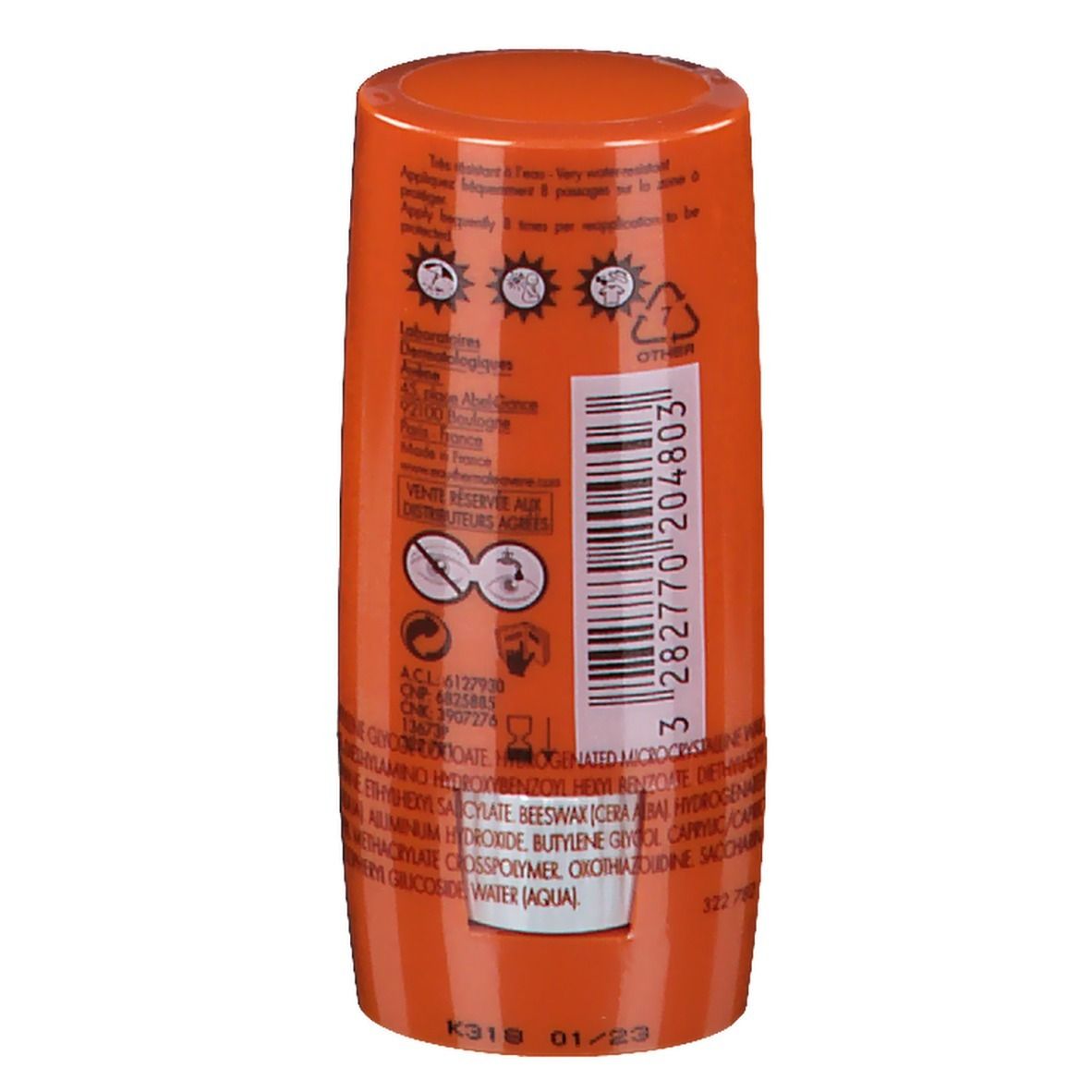 Rückseite eines orangefarbenen Sonnensticks. Aufschrift: Avène, Inhaltsstoffe, Piktogramme.