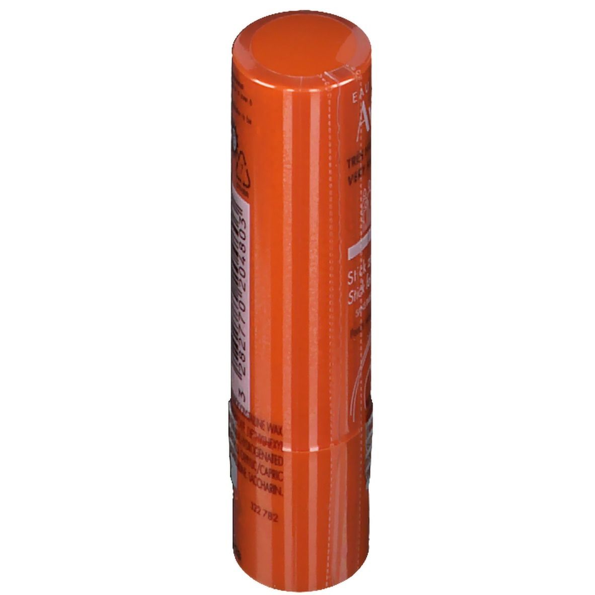 Zylindrischer, orangefarbener Sonnenstick. Aufschrift: Avène, SPF 50+, Inhaltsstoffe.