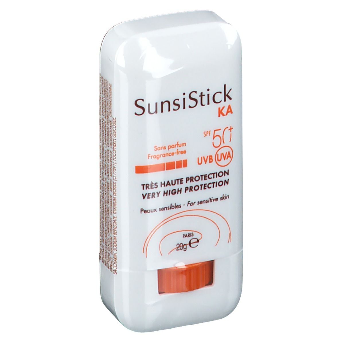 Weißer Sonnenschutzstift mit orangefarbenem Schieber. Aufschrift: SunsiStick KA SPF 50+. Text: Très haute protection, peaux sensibles.