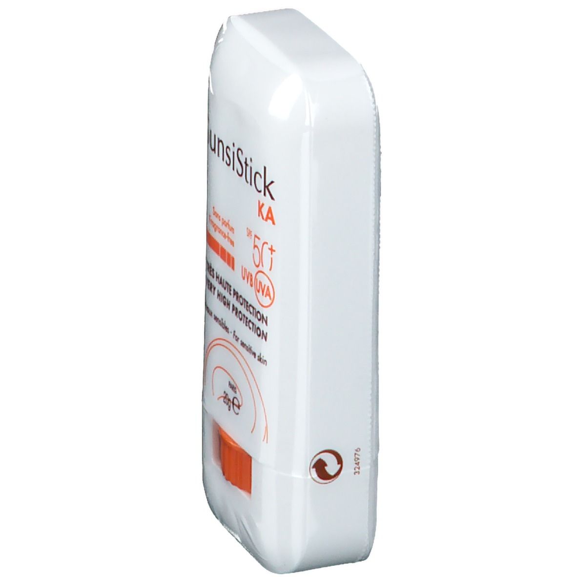 Weißer Sonnenschutzstift in transparenter Folie. Orangefarbener Schieber sichtbar. Aufschrift: SunsiStick KA SPF 50+.