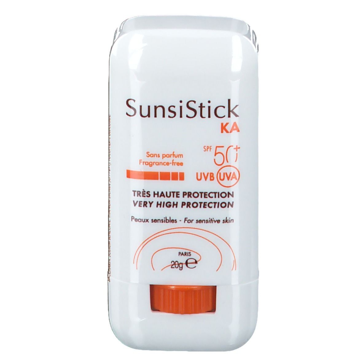 Weißer Sonnenschutzstift mit orangefarbenem Schieber. Aufschrift: SunsiStick KA SPF 50+. Text: Très haute protection, peaux sensibles.