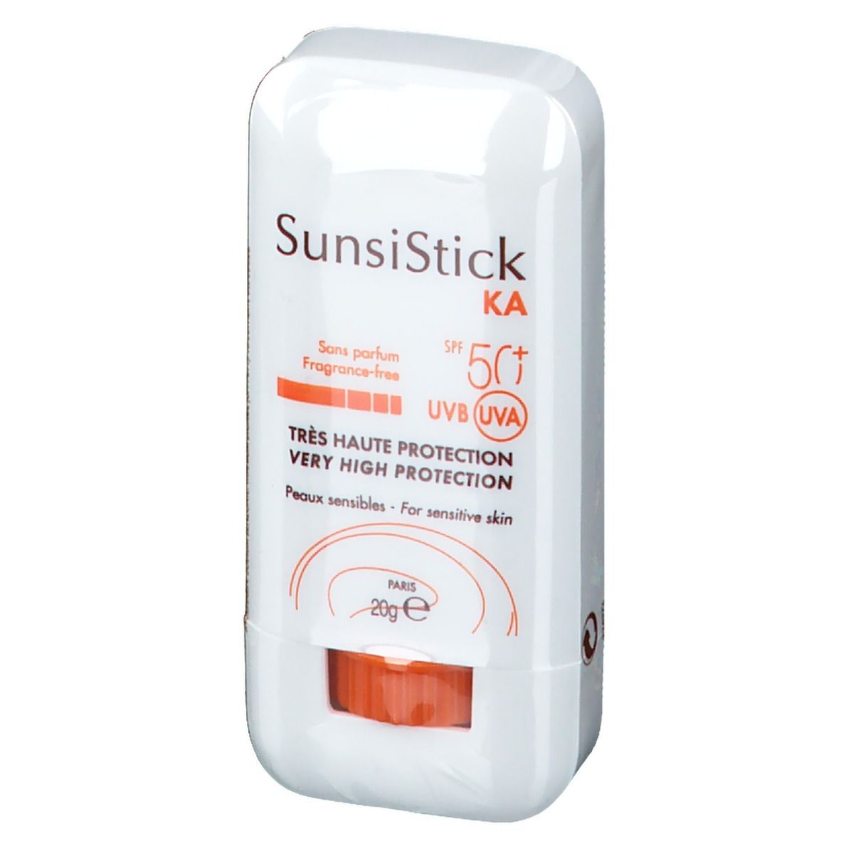 Weißer Sonnenschutzstift mit orangefarbenem Schieber. Aufschrift: SunsiStick KA SPF 50+. Text: Très haute protection, peaux sensibles.