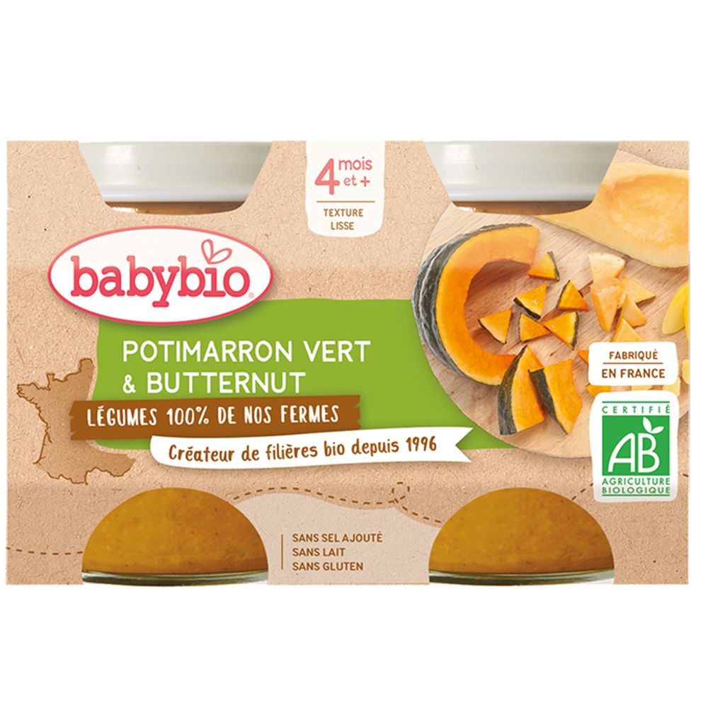 Babybio Babybrei: Grüne Gemüsemarke & Butternut Kürbis, 4x130g. Bio-Siegel.