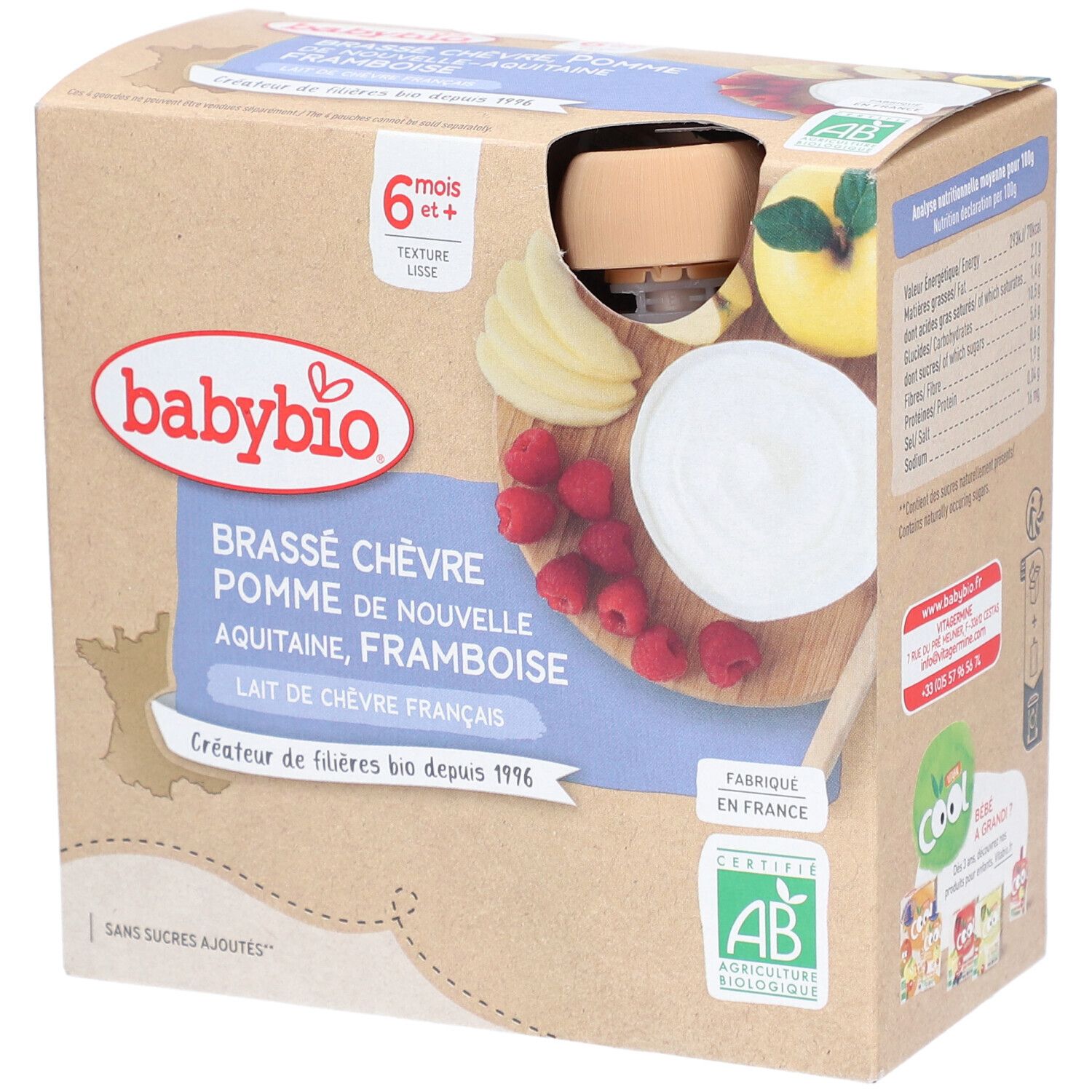 Babybio Ziegenmilch-Dessert mit Apfel, Himbeere, 6+ Monate, 4x85g Packung.