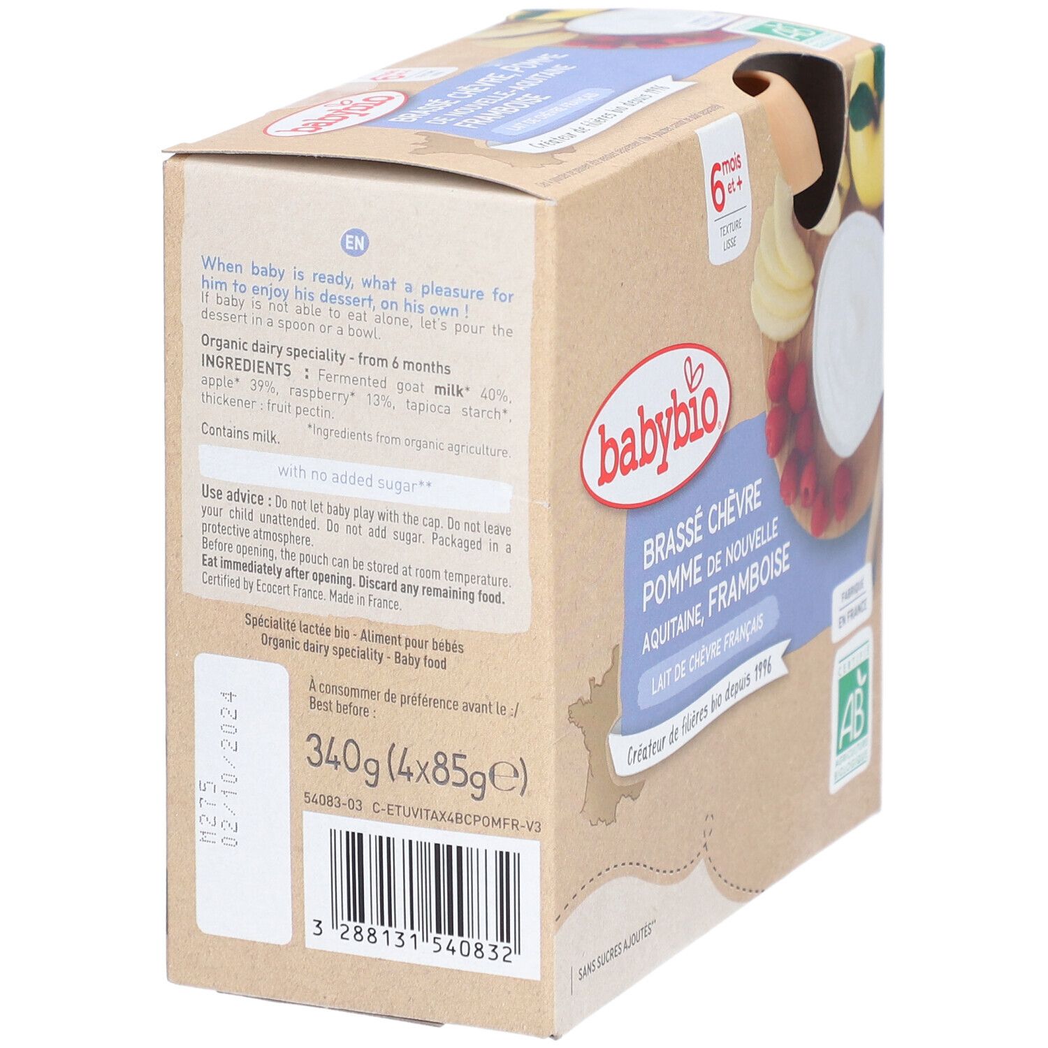 Babybio Ziegenmilch-Dessert mit Apfel, Himbeere, Rückseite mit Zutatenliste und Anwendungshinweisen.