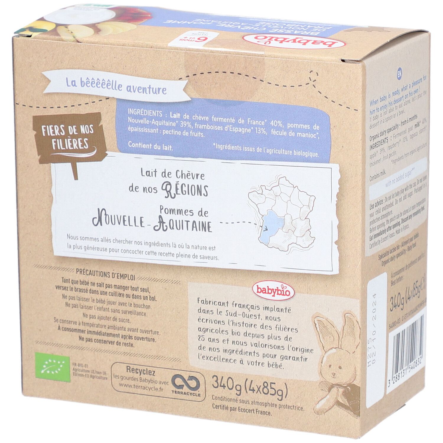 Babybio Ziegenmilch-Dessert mit Apfel, Himbeere, Seite mit Herkunftsangaben und Bio-Siegel.