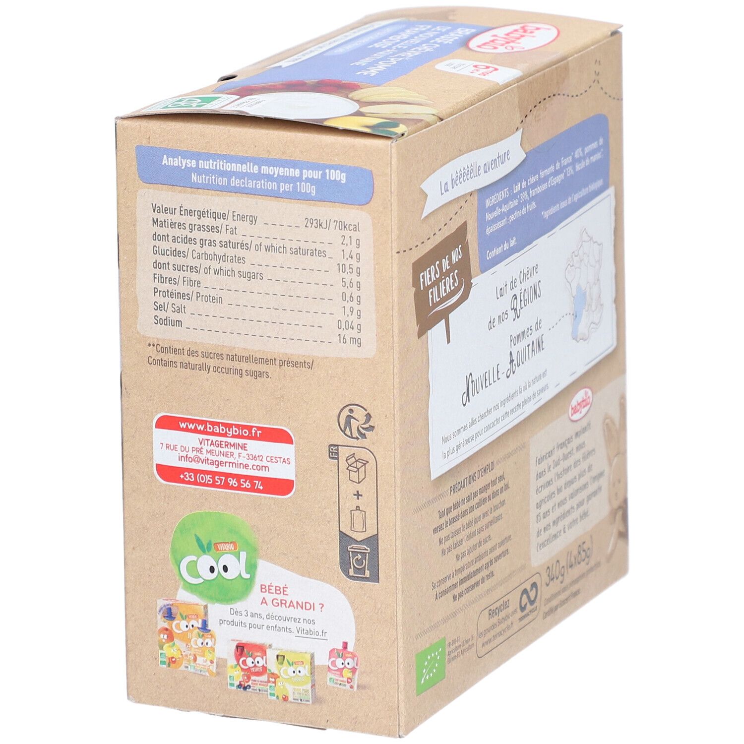 Babybio Ziegenmilch-Dessert mit Apfel, Himbeere, Seite mit Nährwertangaben und Kontaktdaten.