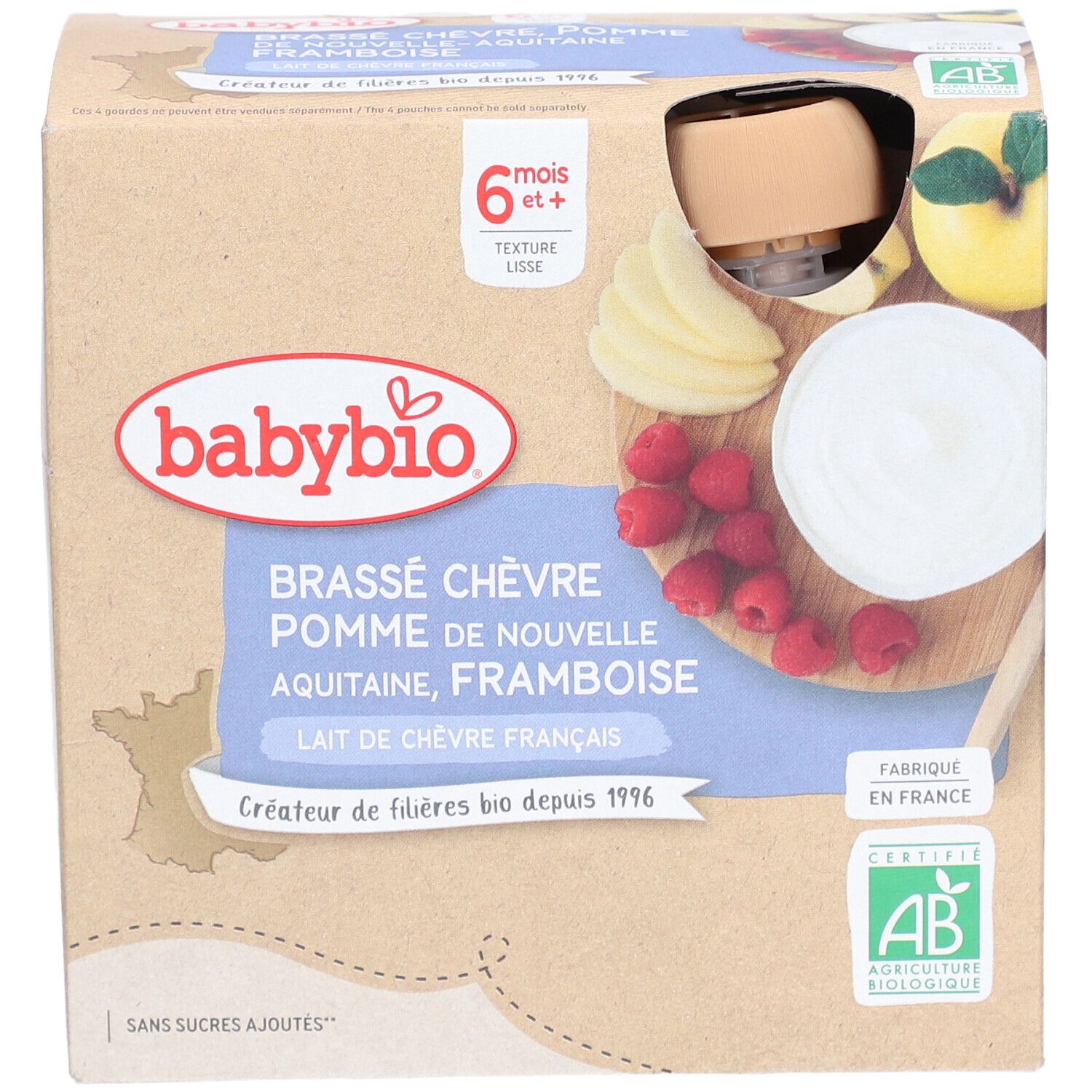 Babybio Ziegenmilch-Dessert mit Apfel, Himbeere, 6+ Monate, Packung mit Abbildung von Früchten.