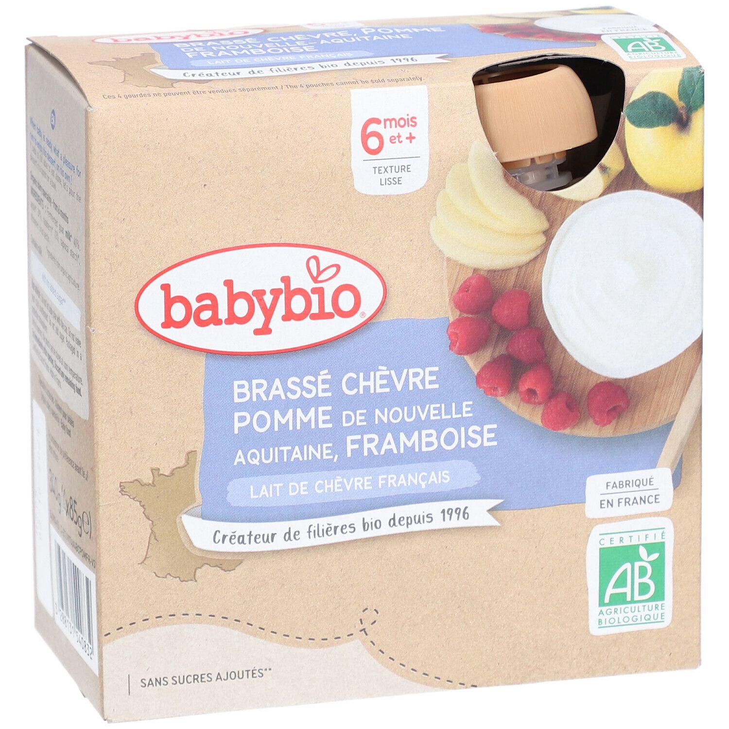 Babybio Ziegenmilch-Dessert mit Apfel, Himbeere, 6+ Monate, Packung mit Bio-Siegel.