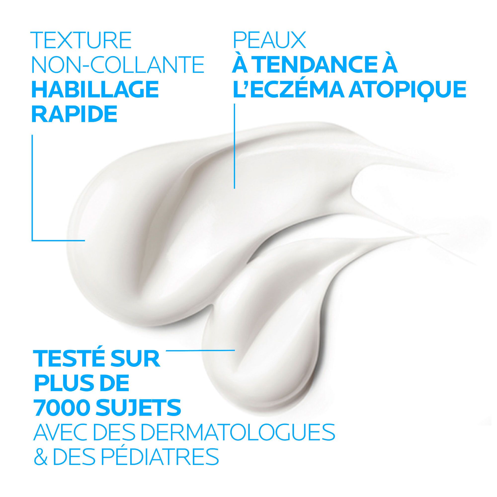 Écoulement de crème. Texte: Testé avec dermatologues et pédiatres. Pour eczéma atopique.
