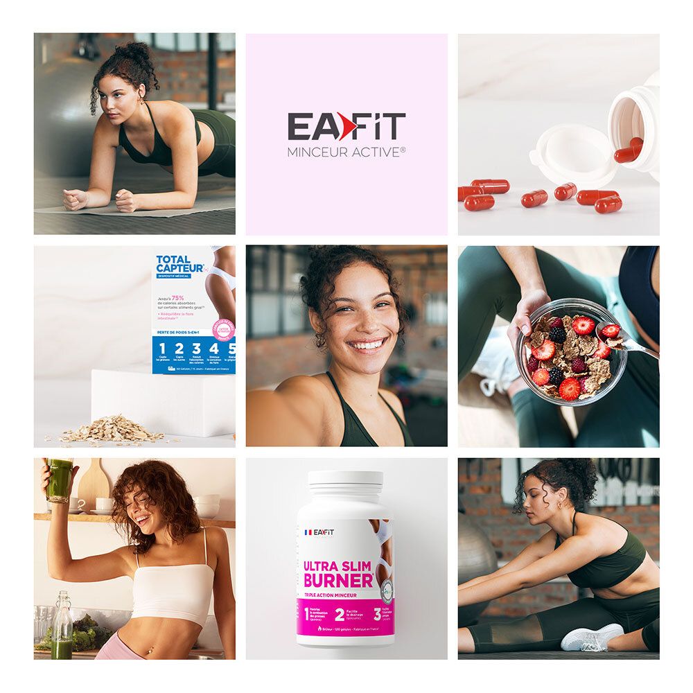 Collage von Bildern. EA Fit Logo. Bilder von Sport, Essen und Produktverpackung.
