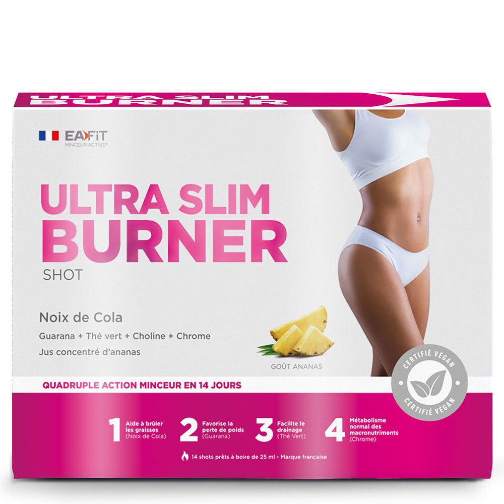 Verpackung von EA-FIT Ultra Slim Burner Shot. Enthält Ananas-Geschmack. Vegan-Zertifizierung.