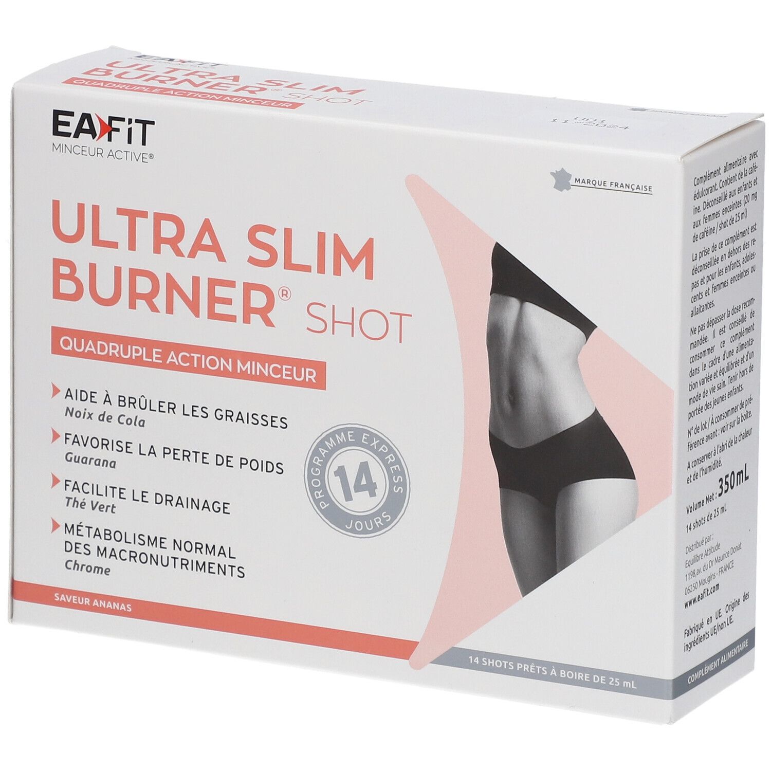 Verpackung mit EA-FIT Ultra Slim Burner Shot. Enthält 14 Shots. Abbildung einer Frau.