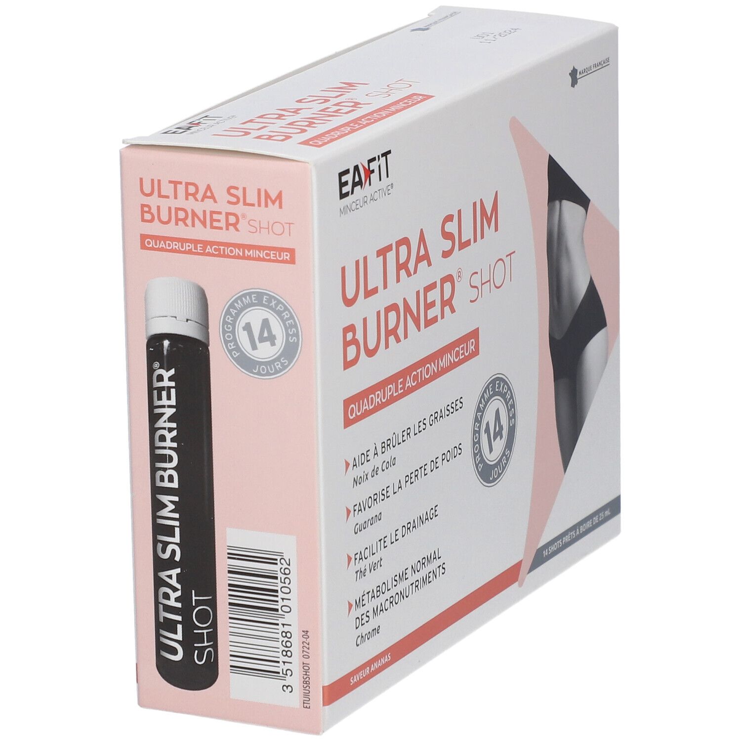 Verpackung EA-FIT Ultra Slim Burner Shot mit einer Shot-Ampulle. 14 Shots.