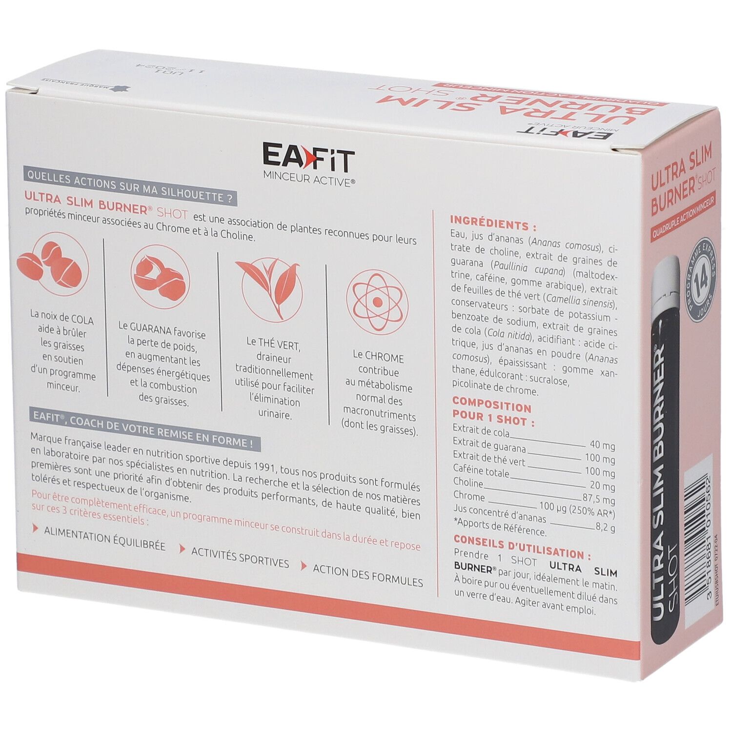 Rückseite der Verpackung EA-FIT Ultra Slim Burner Shot. Zutatenliste und Informationen.
