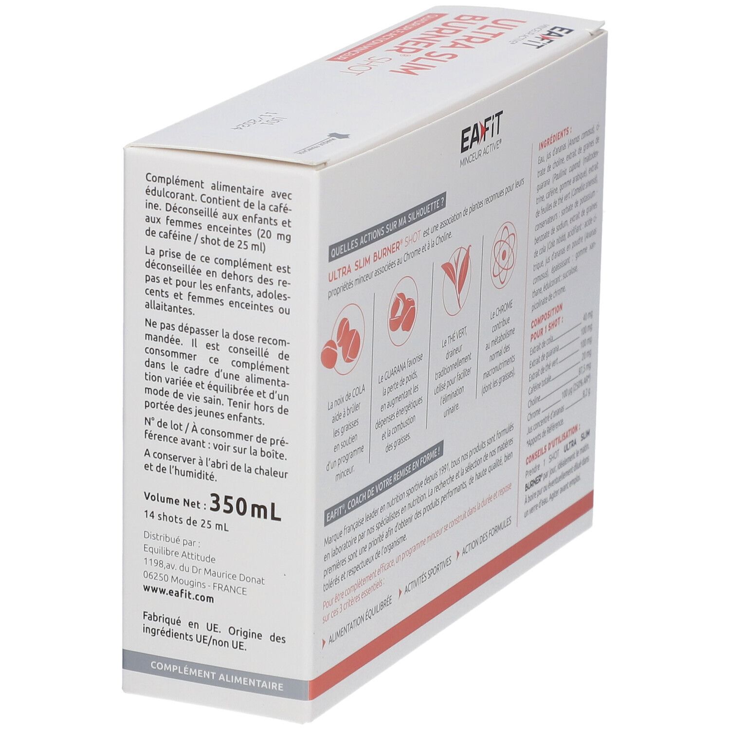 Seite der Verpackung EA-FIT Ultra Slim Burner Shot. Informationen und Warnhinweise.